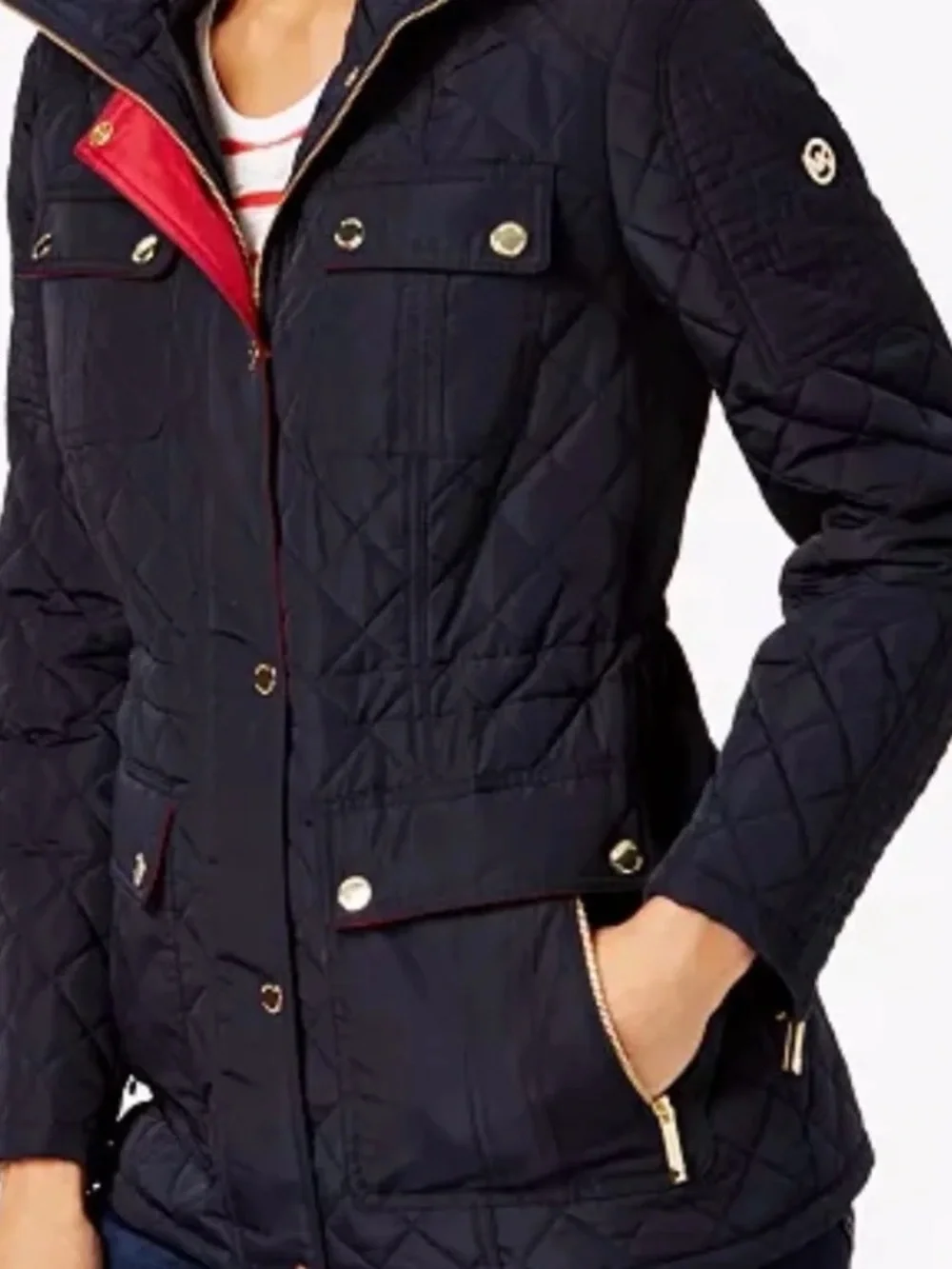 Michael Kors Navy Quilted Puffer Jacket with Red Contrast Trim